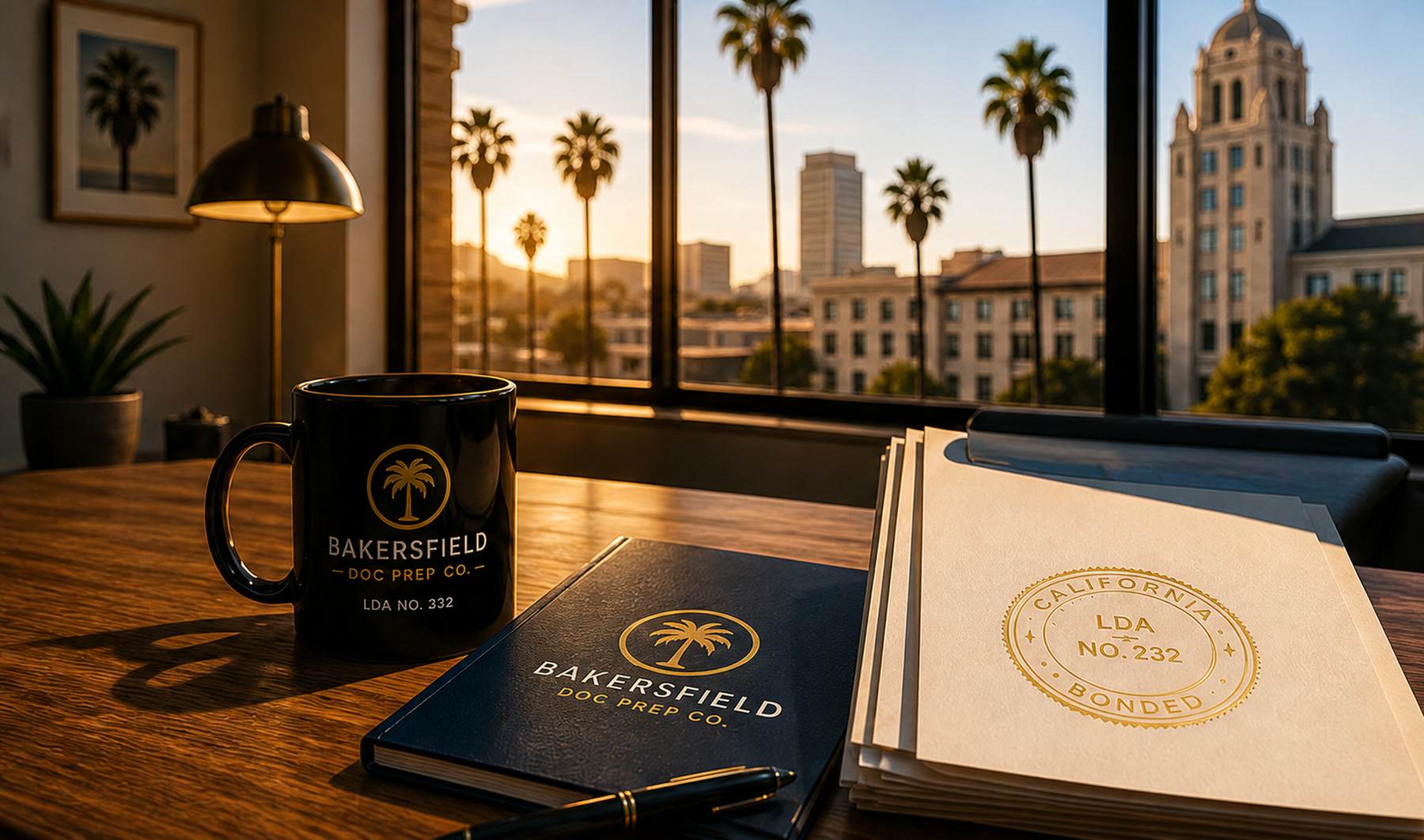 Bakersfield Doc Prep Co. office desk with branded folio, documents, and a view of Bakersfield
