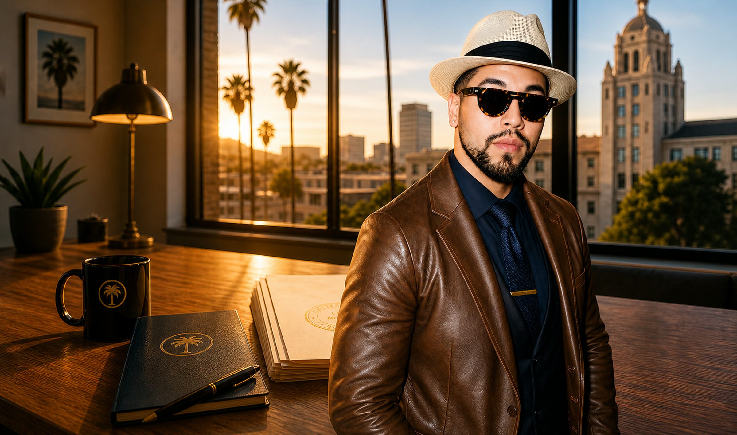 Samuel, owner of Bakersfield Doc Prep Co., in a warm Bakersfield office overlooking palm trees and civic buildings